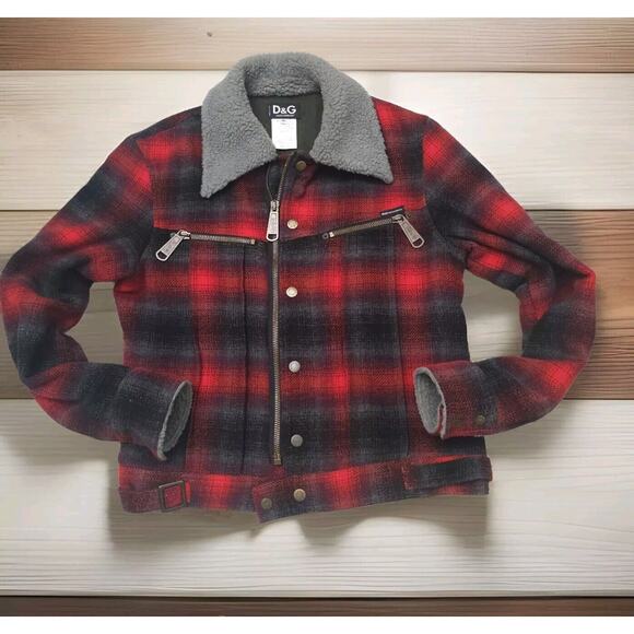 Vintage Dolce Gabbana Plaid Wool BOMBER Runaway Ermine Jacket coat linning XL